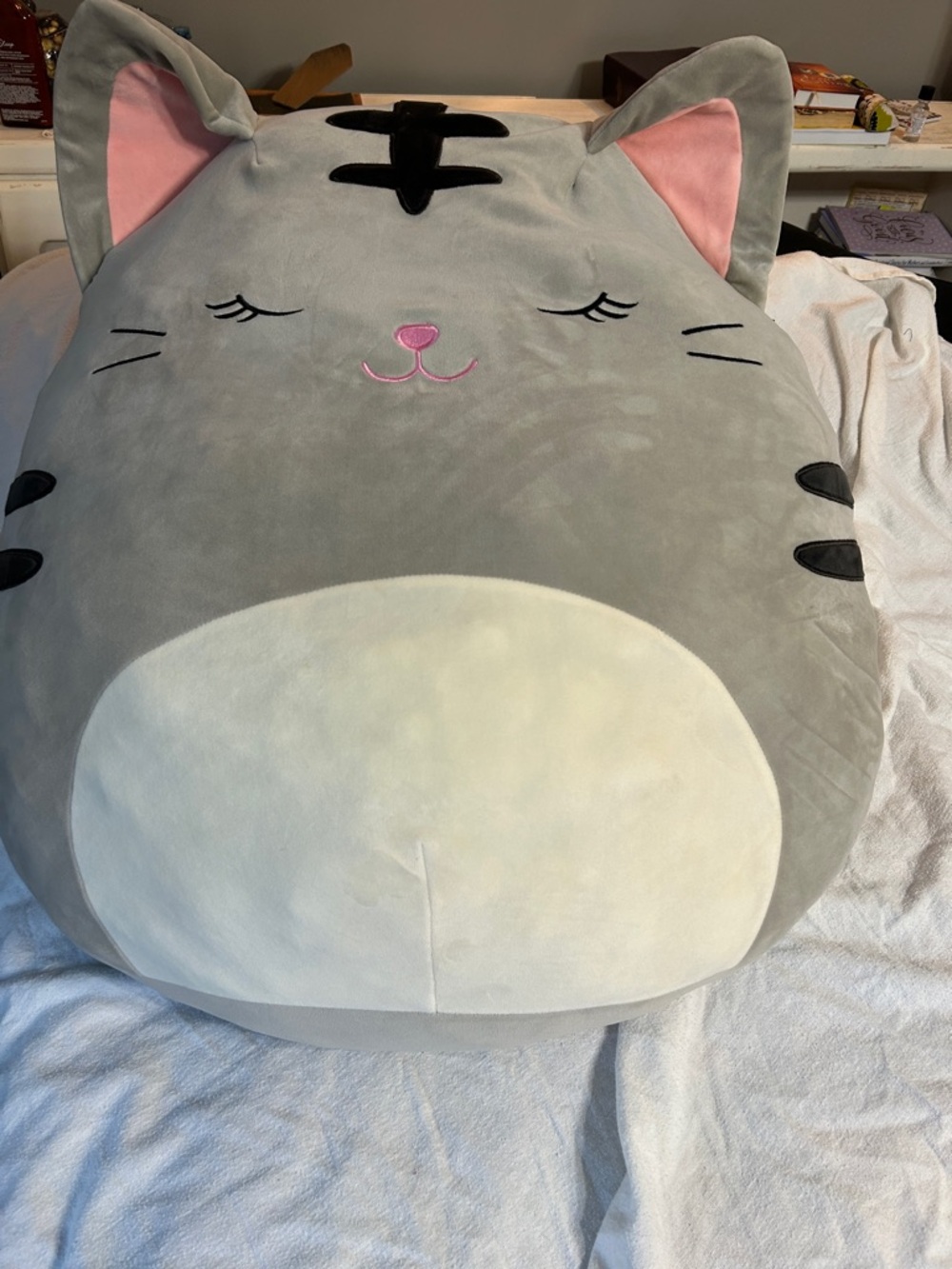 Squishmallows Grey Cat Shaped Plush Pet Bed with Pink Accents
